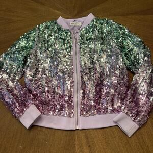 H&M sequined bomber jacket in a light pink, purple/green ombre color, US 9-10Y